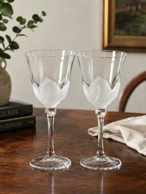 Vintage J.G. Durand France Crystal Florence Frosted Tulip Wine Glasses Set of 2